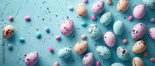 colorful easter eggs laid out around a blue background photo
