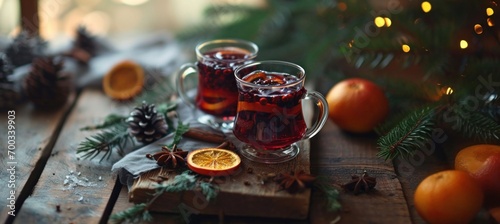 christmas mulled wine with christmas foliage on a wooden table and christmas cloth