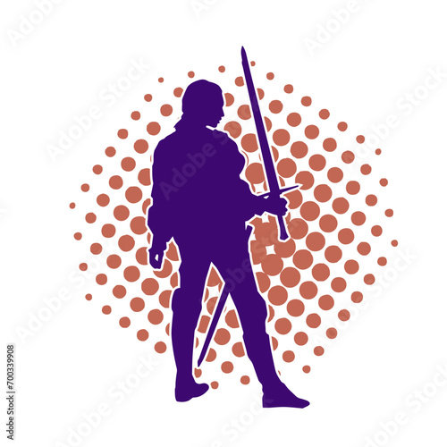 Silhouette of a male warrior in action pose with sword weapon. Silhouette of a man fighter carrying sword weapon.