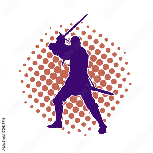 Silhouette of a male warrior in action pose with sword weapon. Silhouette of a man fighter carrying sword weapon.