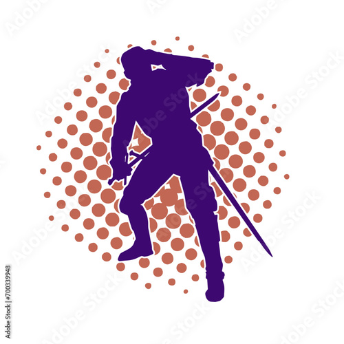 Silhouette of a male warrior in action pose with sword weapon. Silhouette of a man fighter carrying sword weapon.