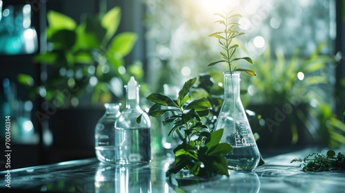 chemistry lab on glass counter with plant and liquid photo