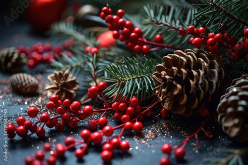 Christmas atmosphere, mysterious dark background, red berries, pine cones and branches