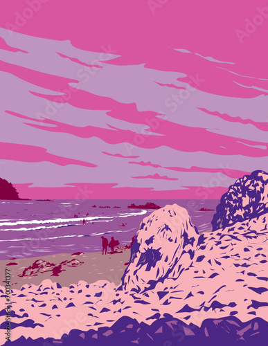 WPA poster art of a white sand surf beach in Mount Maunganui located in Tauranga, Bay of Plenty, New Zealand done in works project administration or federal art project style.
