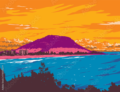 WPA poster art of a white sand surf beach at dusk in Mount Maunganui located in Tauranga, Bay of Plenty, New Zealand done in works project administration or federal art project style.
