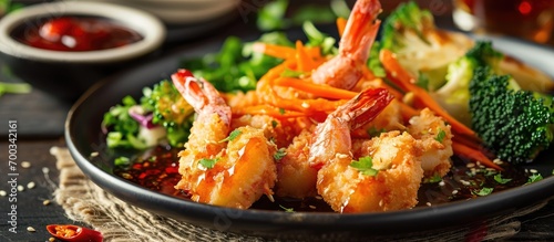 Shrimp, vegetables, breading, plum sauce on plate.