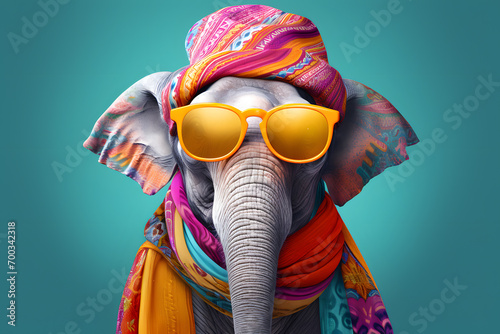 Fashionable Hippie Feng shui Elephant wearing colorful scarf and sunglasses. Creative animal concept banner. Isolated on the pastel blue background. 