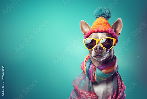 Modern stylish dog wearing a hat, colorful scarf and yellow sunglasses. Adorable trendy hippie pet. Creative animal concept banner. Pastel blue background banner with copy space. Birthday invitation  photo