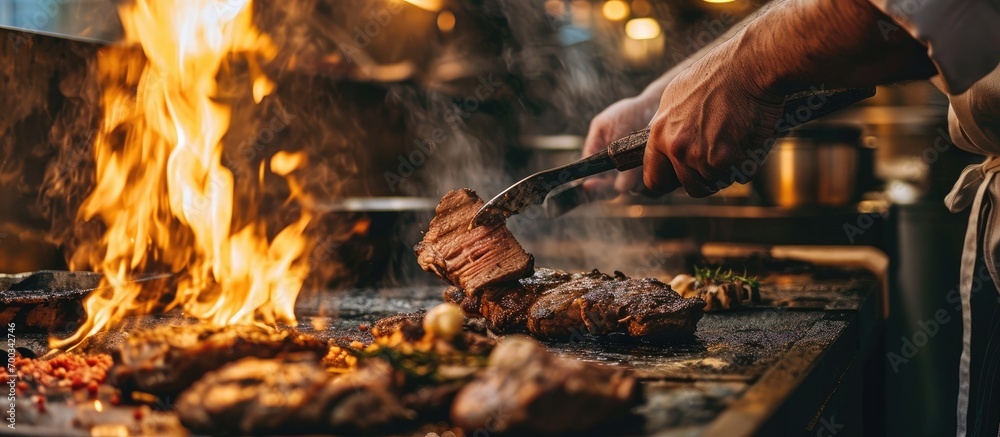 Fototapeta premium Meat being cooked by chef