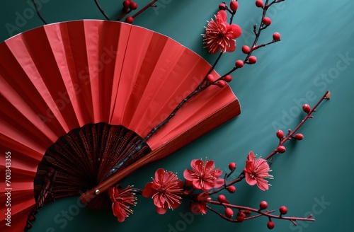 chinese red paper fan with flower decoration against blue background