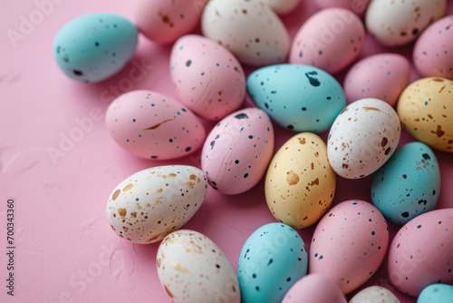 colorful eggs arranged together on a pink background