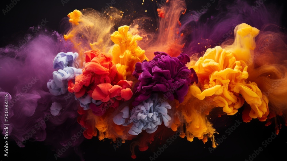 Beautiful floral composition in dark purple and yellow bold colors, smoke, color explosion