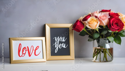 Golden gift box with ribbon, a bouquet of roses flowers in vase & frame with Love you message on the bedside table.Valentine's day, birthday,women's day romantic surprise created with generative ai