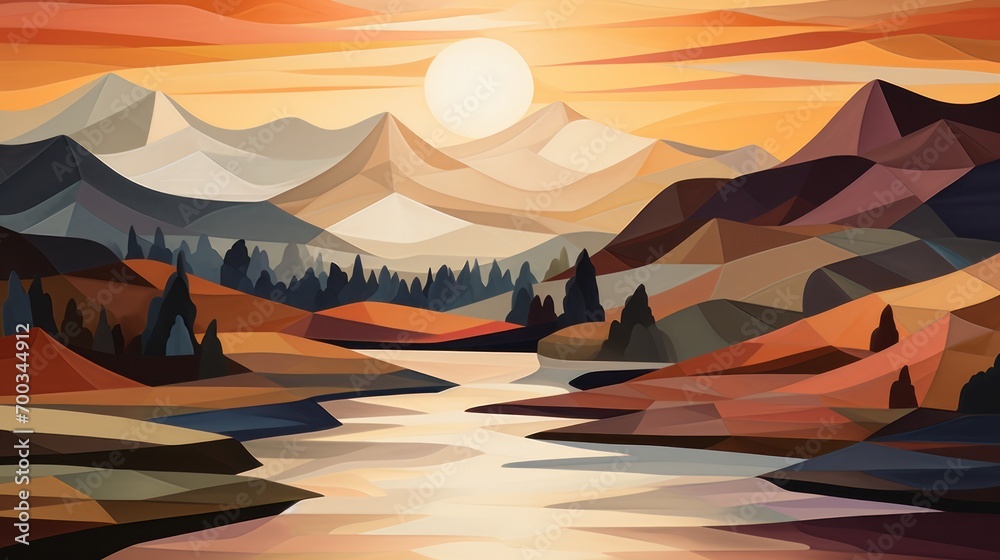 Sunset abstraction: mountains, river, and forest converge in an artistic masterpiece, a fusion of cubism and muted hues.