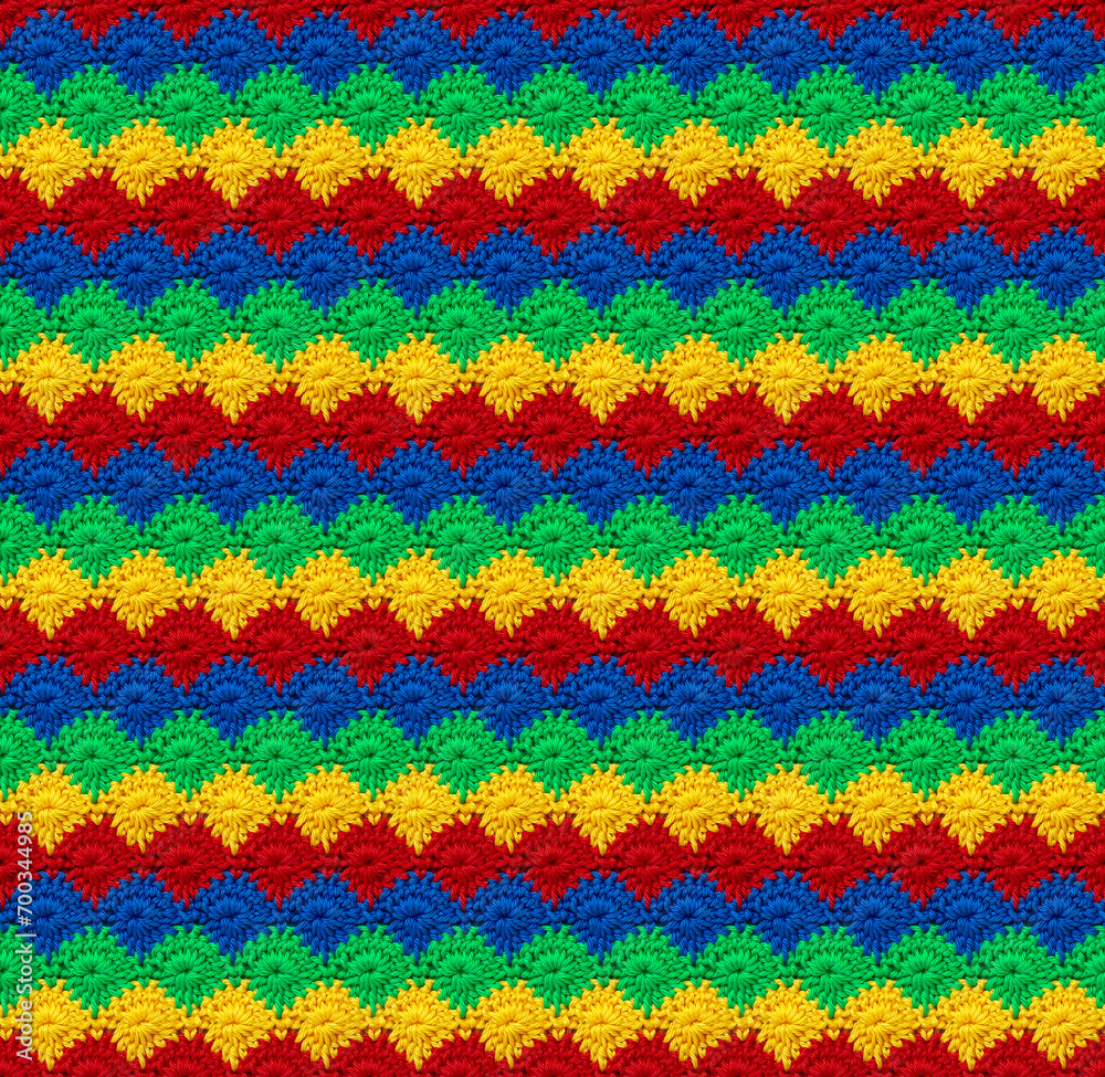Seamless knitted texture in the form of daisies. The pattern is crocheted from multicolored cotton yarn. RGB colors.