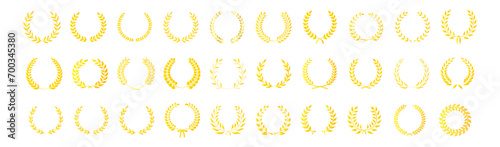 a collection of different golden silhouettes of laurel-leaf wreaths depicted on a white background vector eps10