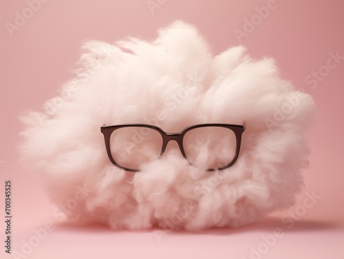 One minimal cloud made lavitating of wool with big eyeglasses pink frame against pastel pink background 