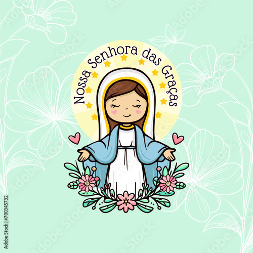 Vector hand drawn Nossa Senhora das Graças illustration - Graceful Inspirations: Artistic Depictions of Our Lady of Grace - Divine Elegance: Exploring Artworks - Serene Grace: Artistic Representations