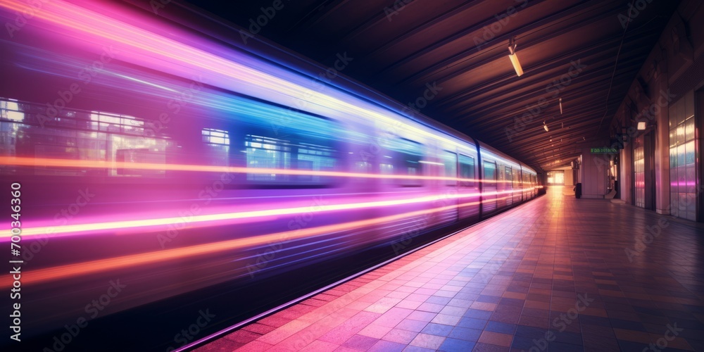 Train with pastel lights rushing through empty subway station
