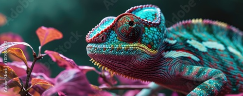 Chameleon portrait with green background.