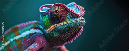 Chameleon portrait with green background.