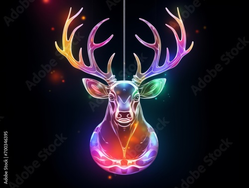 Transparent Christmas ornament reindeer in vivid gradient neon colors against dark background photo