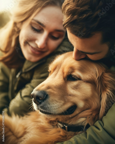 Caucasian dog man pets happiness together fun adult person couple love happy young animal