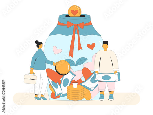 Donation. International charity day. People with glass jar money with coins, envelope of banknotes, heart symbols.
