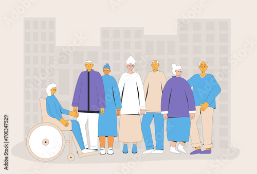 International senior citizens day. Elderly friends. Group of older adult people standing together.