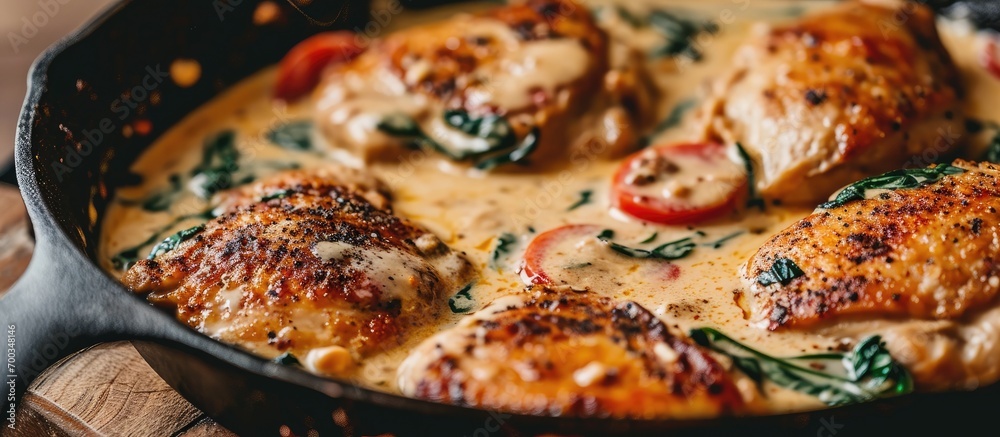 Close-up of Creamy Tuscan Chicken cooked in a cast iron pan. - obrazy, fototapety, plakaty 
