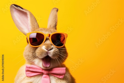 Cool Easter bunny with sunglasses in front of a yellow background wall.