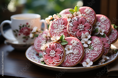 Pink cookies in fower shapes on table photo