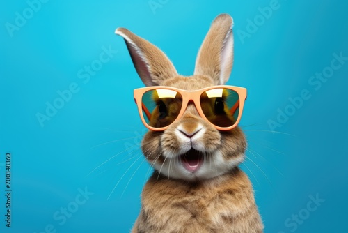 Cool Easter bunny with sunglasses on blue backgroun. © Simon