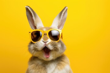Cool Easter bunny with sunglasses in front of a yellow background wall.