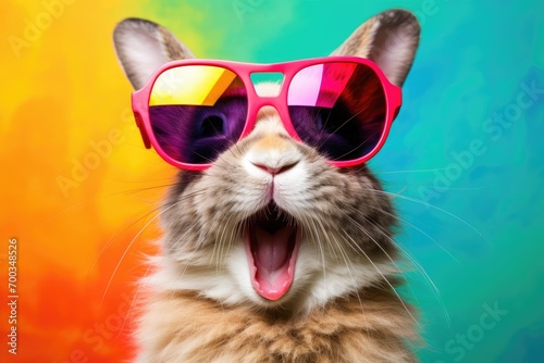 Happy Easter bunny with sunglasses on colorful background.