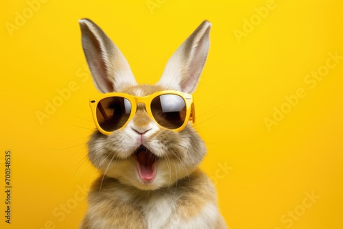 Cool Easter bunny with sunglasses in front of a yellow background wall. photo