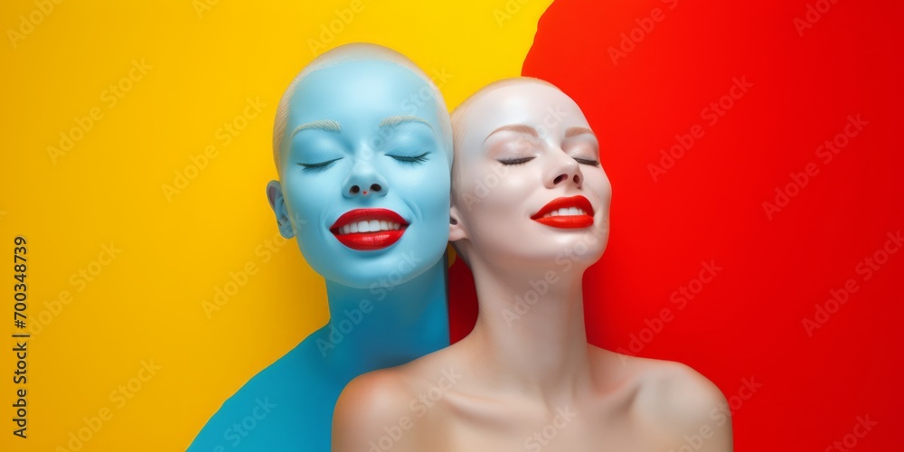 Portrait of woman with big smile and her skin is in white and red color against vibrant color gradient wall Portrait of woman with big smile and her skin is in white and red color against vibrant color gradient wall
