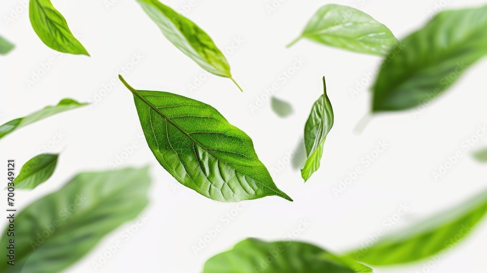 Green flying leaves isolated on white background. Fresh tea, air purifier, organic, vegan, eco or beauty product concept design banner