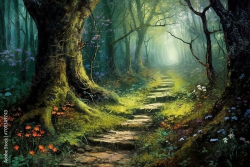 Enchanting woodland art with a mysterious path. Generative AI
