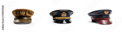 set collection of stylish military captain or high rank general police and classic cap hat in different colors and officer soldier style, isolated on white png transparent background