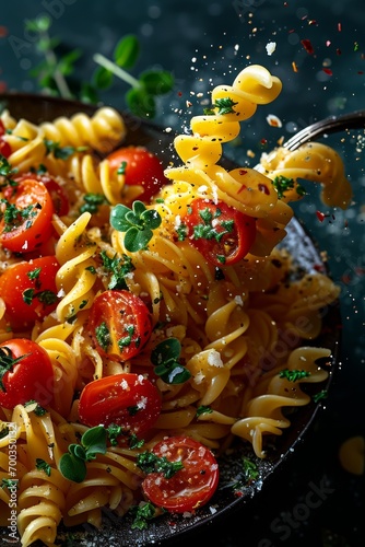 fusilli with cherry tomatoes and basil against yellow background. Popular italian food. Generative AI