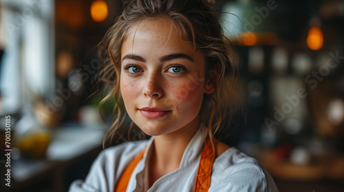 Baking chef woman, pastry shop background.