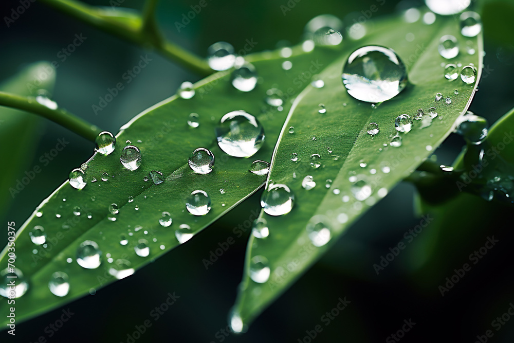 Nature's Jewels: Dewdrops on a Vibrant Green Leaf Nature's Jewels: Dewdrops on a Vibrant Green Leaf