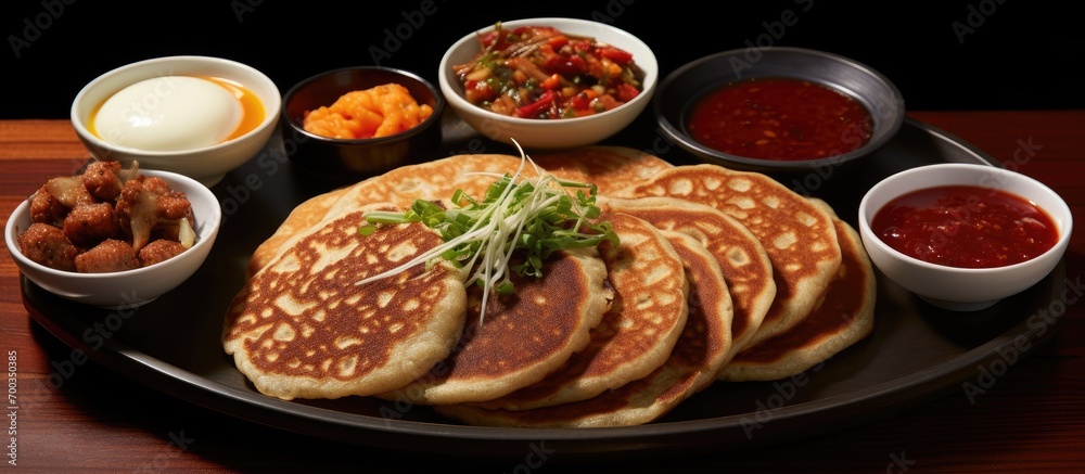 Korean meatballs and assorted style pancakes.