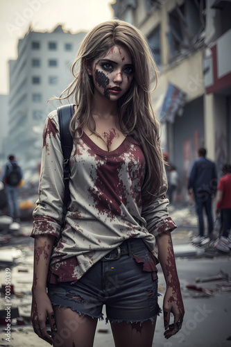 Zombies walking in the city. Girl in post apocalyptic world