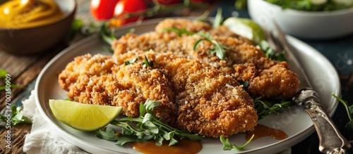 Fried chicken cutlets with breadcrumbs and parmesan cheese crust, served on a white plate with mustard and lime, in a close-up shot. photo