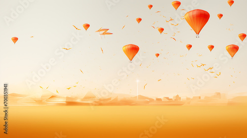 Happy Makar Sankranti Hindu holiday dedicated to sun deity Surya, colorful flying kites being flown, time for expressing gratitude and celebrating harvest season. banner, copy space, greeting card.