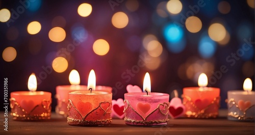 A collection of heart-shaped candles casting a warm glow amid festive bokeh lights, creating an enchanting ambiance for Valentine's Day celebrations -Generative Ai