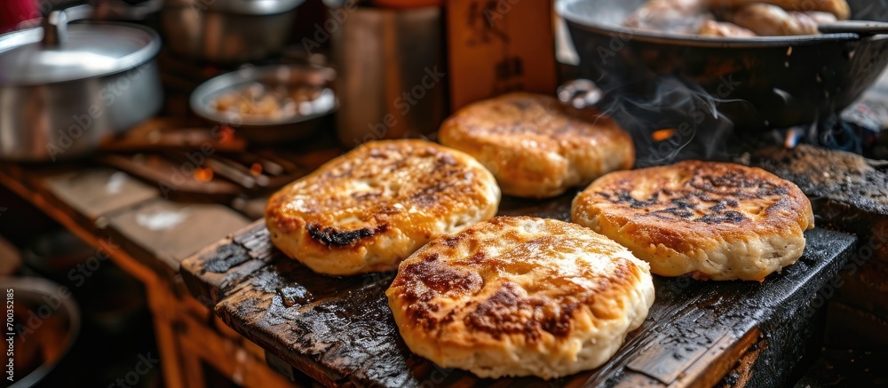 Chinese brown sugar pancake, griddle buns in Chengdu, guo kui.