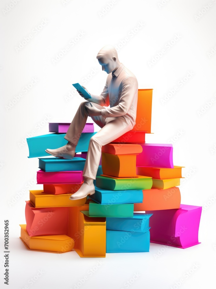 Immersing in narratives: a 3d animated character reading a book, education , immersed in the world of literature, act of reading.